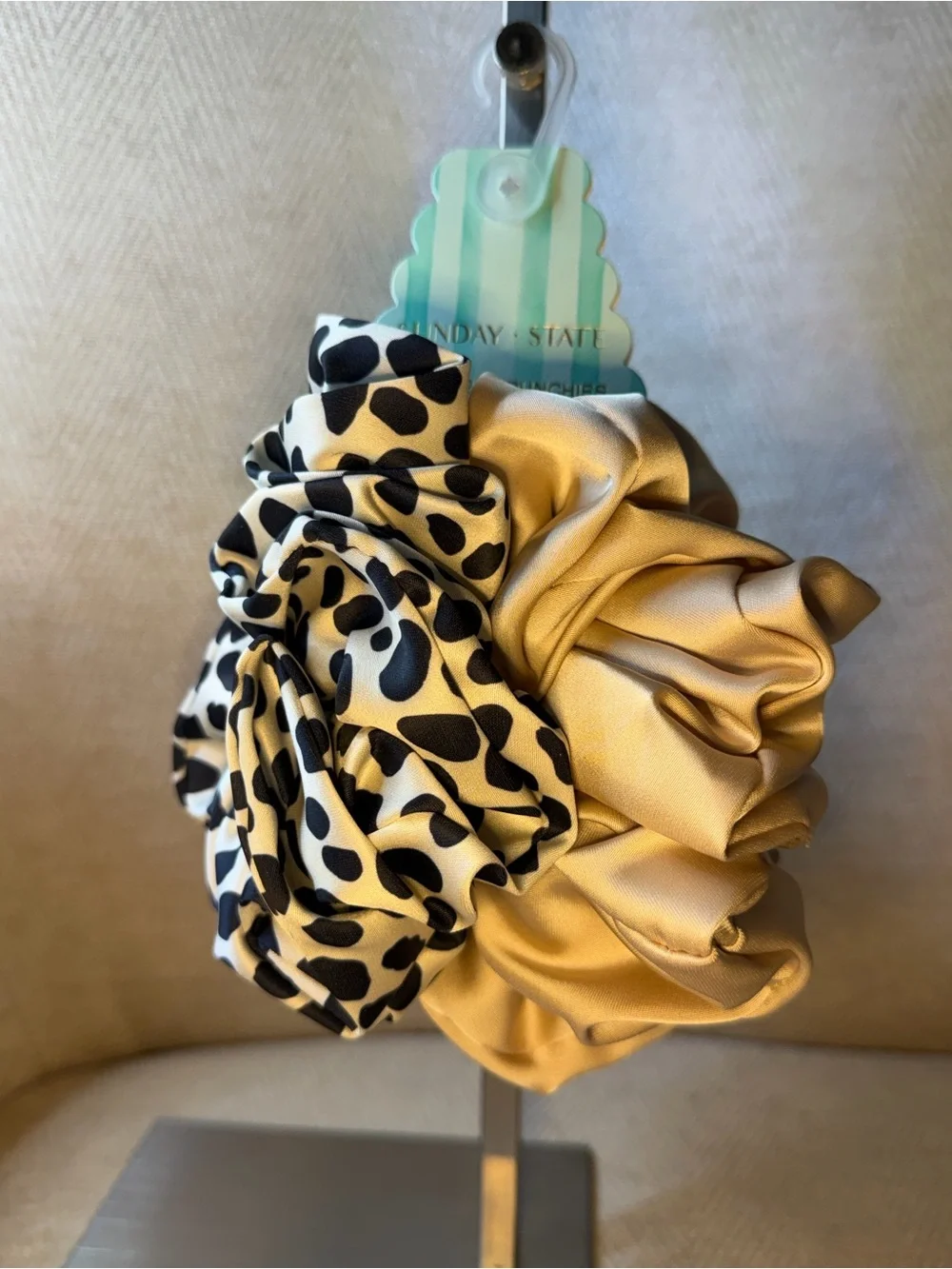 Sunday State Satin Scrunchie Duo in Black Animal Print & Cream